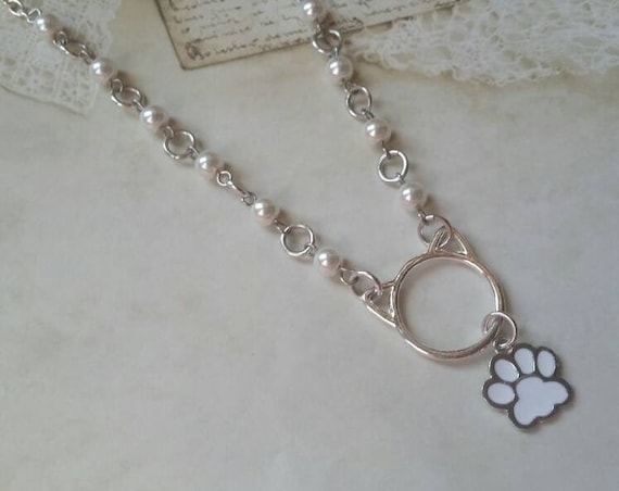Kitten day collar, discreet day collar, white glass beads, BDSM collar, O ring necklace, silver day collar, cat ears, princess collar