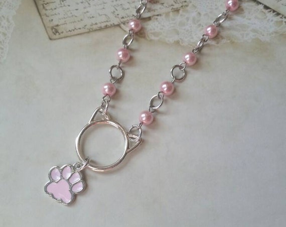 Kitten day collar, discreet day collar, pink glass beads, BDSM collar, O ring necklace, silver day collar, cat ears, princess collar, pearls