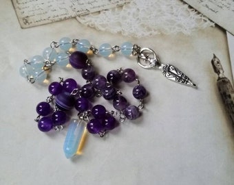 Lammas prayer beads, pagan prayer beads, Lughnasadh prayer beads, stainless steel, Amethyst beads, Opalite beads, Agate beads, Goddess charm