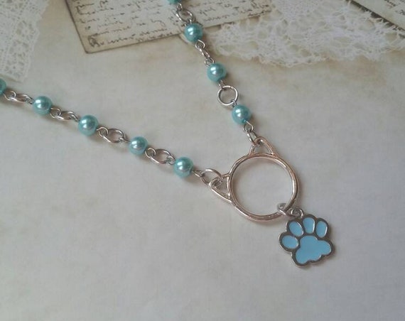 Kitten day collar, discreet day collar, blue glass beads, BDSM collar, O ring necklace, silver day collar, cat ears, princess collar, pearls