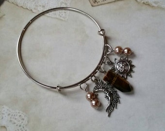Lammas bangle, expandable bangle, Lammas jewelry, matches prayer beads, Lughnasadh bracelet, Tiger's Eye, brown glass pearls, sun and moon
