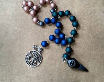 Lammas prayer beads, pagan prayer beads, Lughnasadh prayer beads, stainless steel, matte satin glass, Agate pendulum, tree of life charm