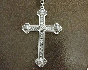 Cross pendant, huge highly decorated silver toned metal cross pendant necklace with fancy bail and chain, religious necklace