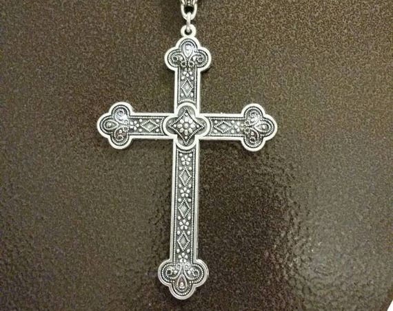 Cross pendant, huge highly decorated silver toned metal cross pendant necklace with fancy bail and chain, religious necklace