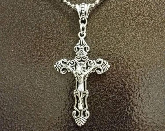 Necklace, crucifix, large, detailed ornate silver-toned metal crucifix pendant on a pretty bail with silver toned metal chain, religious