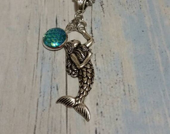 Mermaid necklace, mermaid scale necklace, silver tone with large mermaid charm and an aqua mermaid scale cabochon in a fancy bezel