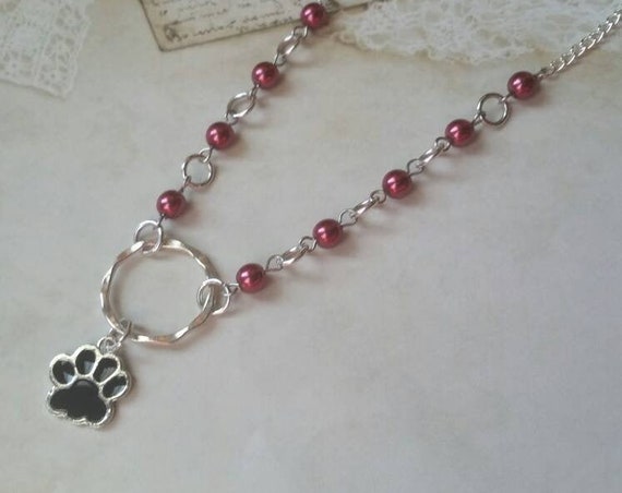 Kitten day collar, discreet day collar, red glass beads, BDSM collar, O ring necklace, silver day collar, princess collar, black paw charm