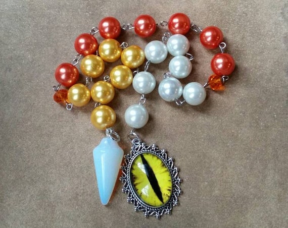 Samhain prayer beads, pagan prayer beads, Samhain witches prayer beads, stainless steel, glass pearls, Opalite pendulum, yellow dragon eye