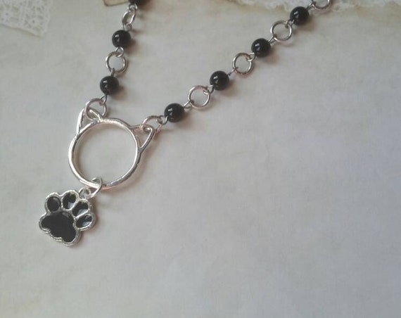 Kitten day collar, discreet day collar, black glass beads, BDSM collar, O ring necklace, silver day collar, cat ears, princess collar