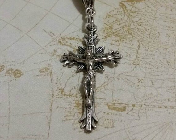 Religious necklace, beautiful Italian-made silver metal crucifix pendant with decorative bail and silver-toned chain necklace