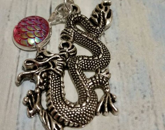 Chinese dragon necklace, dragon scale pendant, silver tone with iridescent light red dragon scale textured cabochon