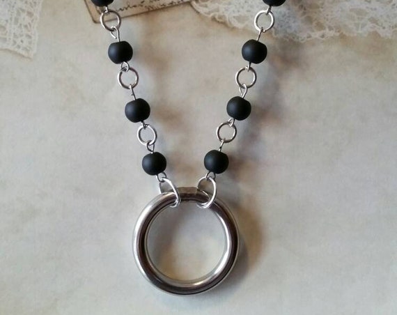 O ring day collar, matte black glass beads, discreet day collar, symbolic jewelry, BDSM collar, submissive collar, silver, O ring necklace
