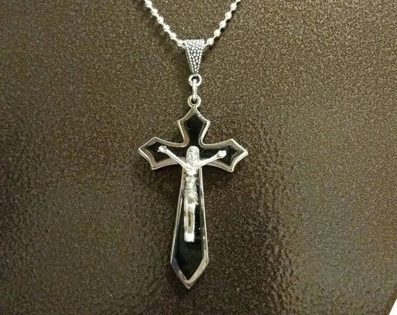 Crucifix pendant, stainless steel and black, crucifix necklace, crucifix pendant necklace, silver-toned metal bail and chain, religious