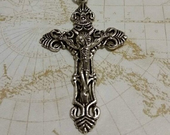 Necklace, crucifix, large, detailed ornate silver-toned metal crucifix pendant on a pretty bail with silver toned metal chain, religious