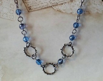 O ring day collar, blue glass  beads, discreet day collar, symbolic jewelry, BDSM collar, submissive collar, O ring necklace, gunmetal
