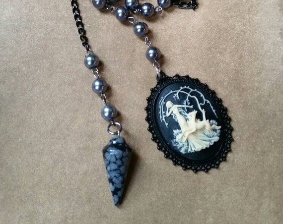 Samhain witches ladder, pagan prayer beads, Wiccan beads, witches ladder, gunmetal, gray glass pearls, Snowflake Obsidian, Diana cameo