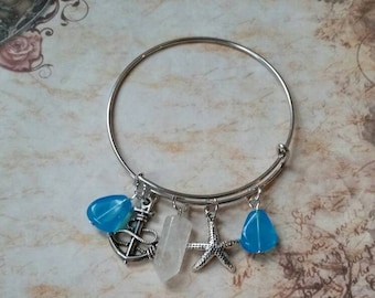 Mabon bangle, expandable bangle, Mabon jewelry, matches prayer beads, Mabon Sabbat bracelet, Quartz, nautical charms, blue glass beads