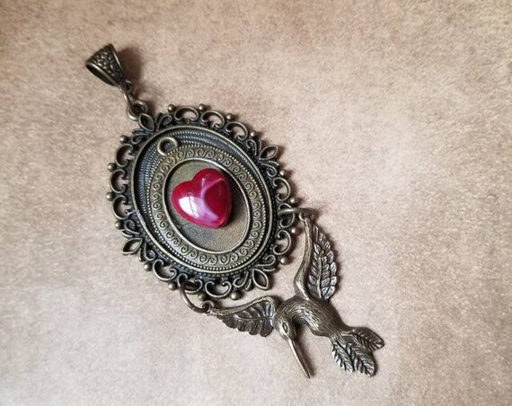 Victorian hummingbird necklace, glass heart, bronze hummingbird, layered necklace, gift for Valentine's Day, soft Goth jewelry, OOAK gift