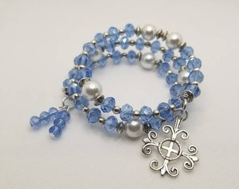 Lutheran rosary bracelet, Lutheran prayer bracelet, memory wire bracelet, wrap bracelet, periwinkle crystal,  white pearls, Jerusalem cross