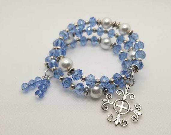 Lutheran rosary bracelet, Lutheran prayer bracelet, memory wire bracelet, wrap bracelet, periwinkle crystal, white pearls, Jerusalem cross