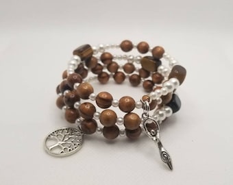 Witch ladder bracelet, witches ladder,  wooden rosary, memory wire bracelet, wrap bracelet, pagan rosary bracelet, Wiccan rosary bracelet