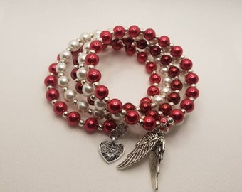 Baha'i prayer beads, Baha'i 95 prayer bead bracelet, memory wire wrap bracelet, Baha'i bracelet, red and white pearls, silver charms, Baha'i