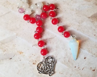 Yule prayer beads, pagan prayer beads, witch prayer beads, stainless steel pins, gemstone pendulum, Malay Jade, Opalite, Celtic heart, OOAK