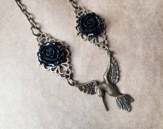 Victorian hummingbird necklace, black roses, bronze hummingbird, gift for Valentine's Day, soft Goth jewelry, OOAK gift, hummingbird jewelry