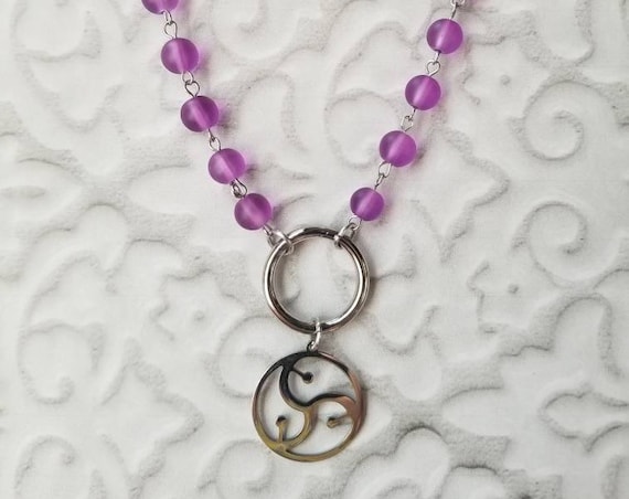 O ring day collar, discreet day collar, symbolic jewelry, BDSM collar, submissive collar, stainless, purple sea glass, BDSM symbol charm