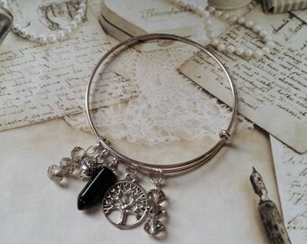 Pagan charm bangle, expandable bangle, silver charm bangle, charm bracelet, Wiccan jewelry, matches witch ladder, Gray Czech glass, Onyx