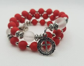 Orthodox prayer bracelet, Orthodox Chotki, Orthodox Christian prayer bracelet, memory wire, multi-loop, red rubberized glass, frosted glass