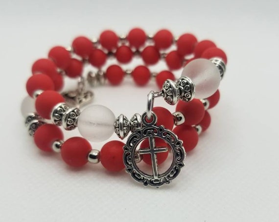 Orthodox prayer bracelet, Orthodox Chotki, Orthodox Christian prayer bracelet, memory wire, multi-loop, red rubberized glass, frosted glass