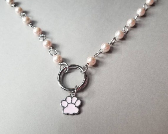 Kitten day collar, discreet day collar, pink glass beads, BDSM collar, O ring necklace, silver day collar, princess collar, pink paw