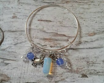SOLD...Liitha bangle, expandable bangle, charm bangle, Midsummer, pagan jewelry, matches prayer beads, Opalite, blue Jade,