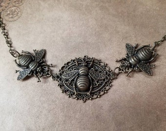 Victorian bee necklace, bumblebee necklace, bronze bee jewelry, triple bee necklace,   bee necklace, Victorian jewelry, three bronze bees