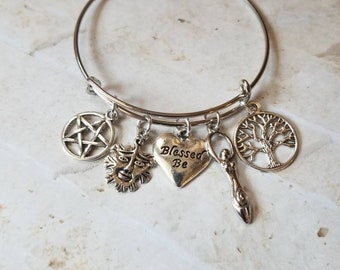 Earth religion bangle, Wiccan bracelet, silver metal bangle,  expandable charm bangle, Blessed Be bangle, Goddess bracelet, Pagan jewelry