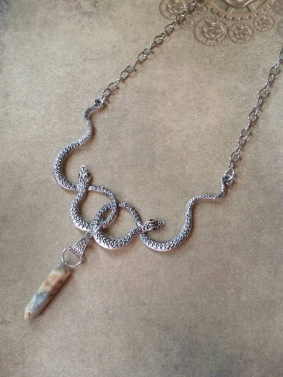 Snake necklace, serpent necklace, large bib style necklace, silver, entwined snakes, pagan jewelry, Goddess jewelry, Agate pendant charm