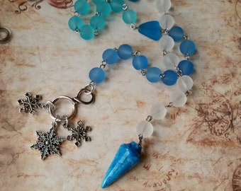 Winter prayer beads, pagan prayer beads, stainless steel, Ice and snow prayer beads, sea glass, blue Agate pendulum, three snowflake charms