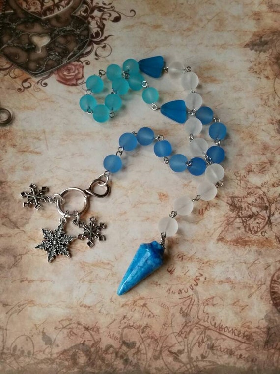 Pagan prayer beads, Winter prayer beads, stainless steel, Ice and snow prayer beads, sea glass, blue Agate pendulum, three snowflake charms