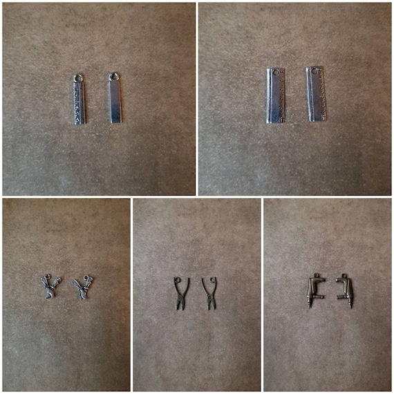 Destash charms, bronze or silver toned metal, tool charms, choice of five, ruler charms, pruning shear charms, plier charms, drill charms