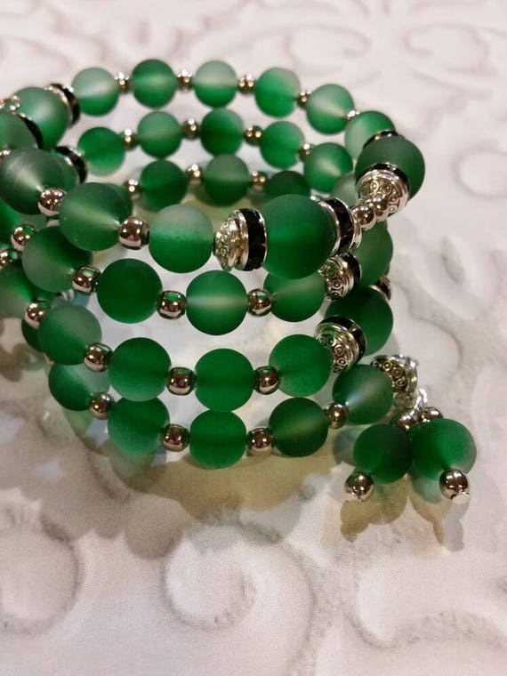 Lutheran rosary bracelet, Lutheran prayer bracelet, memory wire bracelet, wrap bracelet, green rubberized glass beads, Jerusalem cross