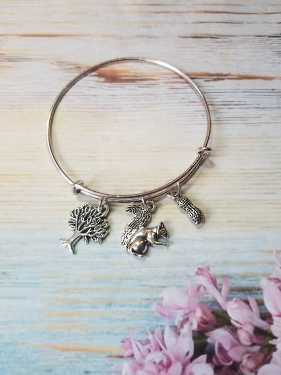 Squirrel bracelet, squirrel charm bangle, expandable bangle, squirrel application day, charm bracelet, expandable charm bangle, unique gift