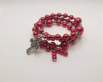 Lutheran rosary bracelet, Lutheran prayer bracelet, memory wire wrap bracelet, prayer aid, gunmetal, red glass pearls, religious