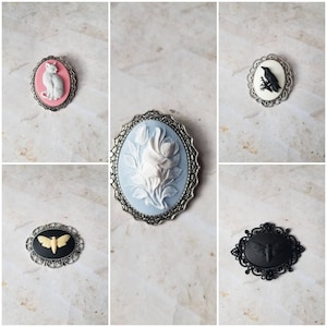 Cameo brooch, brooch pins, cameo pin, Death Head moth cameo, Gothic cameo, Cat cameo brooch, raven cameo brooch, floral cameo