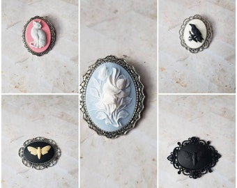 Cameo brooch, brooch pins, cameo pin, Death Head moth cameo, Gothic cameo, Cat cameo brooch, raven cameo brooch, floral cameo