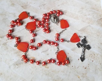 Catholic rosary, five decade rosary, stainless steel pins, orange glass pearls and sea glass, praying hands center, detailed crucifix