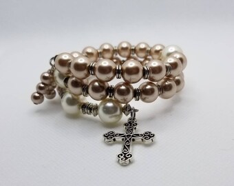 Anglican prayer bead bracelet, memory wire bracelet, beaded bracelet, wrap bracelet, beige and ivory  glass pearls, Protestant prayer beads
