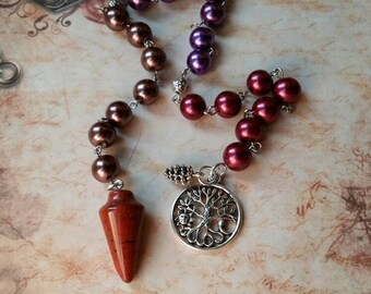 Mabon prayer beads, pagan prayer beads, Mabon witches prayer beads, stainless steel, glass pearls, tree of life, Red Jasper pendulum