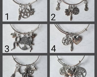 Expandable pagan bangle, charm bracelet, charm bangle, metal bangle, pagan bracelet, Wiccan bracelet,  Goddess jewelry, witch charm bangle