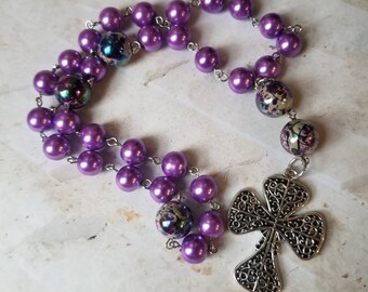 Anglican Prayer beads, Episcopal, Protestant prayer beads, Methodist, purple glass pearls, speckled focal beads, heavy cross, hand-wired